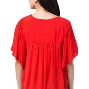 Bobeau | Women's Red Coral Bell Sleeves V-Neck Top Size Small